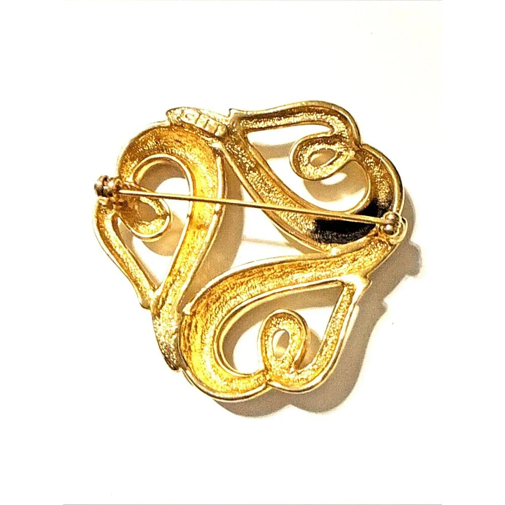 Vintage FIF Abstract Hearts Brooch Art Nouveau Gold Tone Openwork Pin 1.75